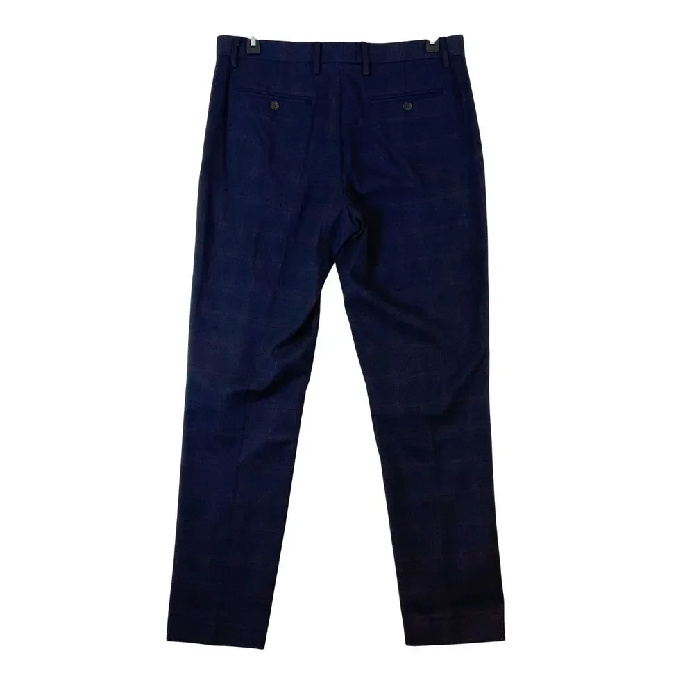 Banana‎ Republic Tailor Fit Trouser Pants Men's 34x31.5* Dark Blue Plaid Preppy